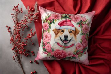 Yılbaşı Koleksiyonu- Christmas Dog Çiçekler İçinde Yılbaşı Kostümlü Köpek 2'li Kumaş Kırlent Paneli Dikilmemiş