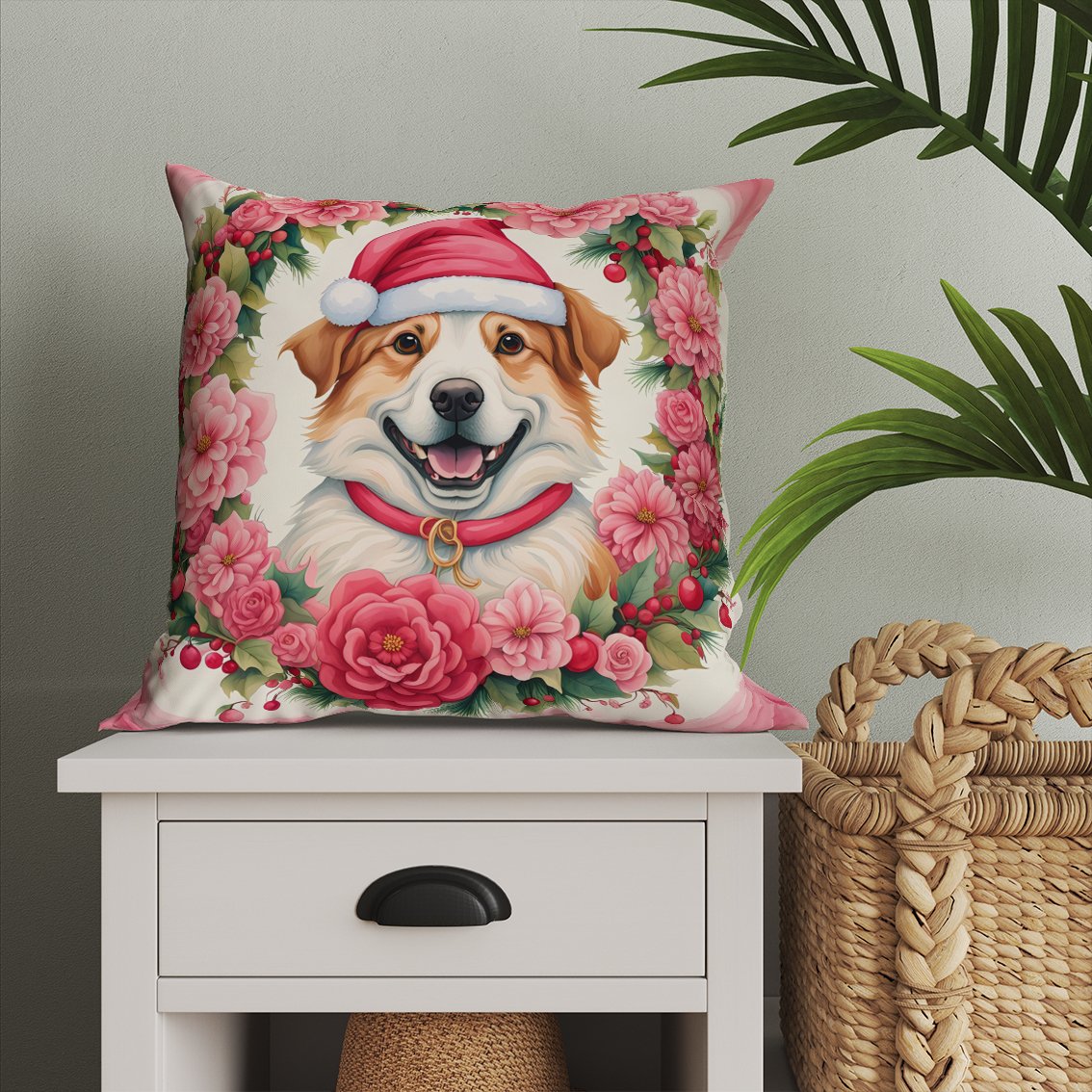 Yılbaşı Koleksiyonu- Christmas Dog Çiçekler İçinde Yılbaşı Kostümlü Köpek 2'li Kumaş Kırlent Paneli Dikilmemiş