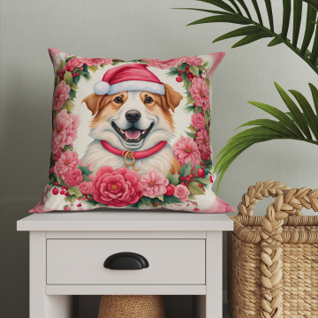 Yılbaşı Koleksiyonu- Christmas Dog Çiçekler İçinde Yılbaşı Kostümlü Köpek 2'li Kumaş Kırlent Paneli Dikilmemiş