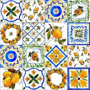 Limon Serisi-Çinili Limonlu Kareli Dijital Baskılı Kumaş