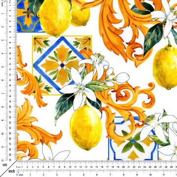 Limon Serisi-Limonlu Versaceli Çinili Dijital Baskılı Kumaş