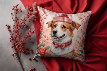 Yılbaşı Koleksiyonu- Christmas Dog Çiçekler İçinde Yılbaşı Kostümlü Köpek 2'li Kumaş Kırlent Paneli Dikilmemiş