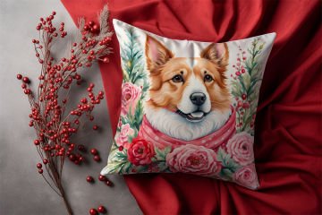 Yılbaşı Koleksiyonu- Christmas Dog Çiçekler İçinde Yılbaşı Kostümlü Köpek 2'li Kumaş Kırlent Paneli Dikilmemiş