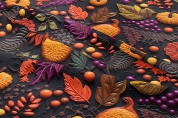 3D Sonbahar Balkabağı Desenli Dijital Baskı Polyester Kumaş – Siyah Zemin Üzerinde Renkli Yaprak ve Meyve Tasarımı