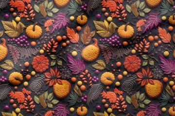 3D Sonbahar Balkabağı Desenli Dijital Baskı Polyester Kumaş – Siyah Zemin Üzerinde Renkli Yaprak ve Meyve Tasarımı