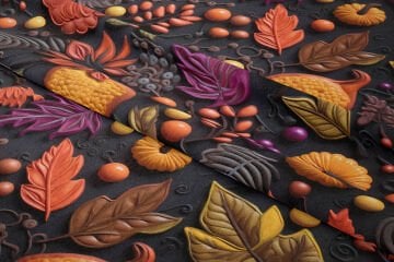 3D Sonbahar Balkabağı Desenli Dijital Baskı Polyester Kumaş – Siyah Zemin Üzerinde Renkli Yaprak ve Meyve Tasarımı