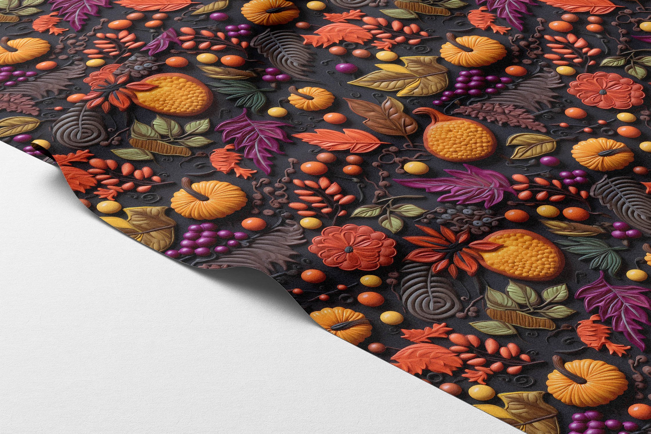 3D Sonbahar Balkabağı Desenli Dijital Baskı Polyester Kumaş – Siyah Zemin Üzerinde Renkli Yaprak ve Meyve Tasarımı