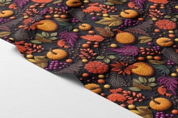 3D Sonbahar Balkabağı Desenli Dijital Baskı Polyester Kumaş – Siyah Zemin Üzerinde Renkli Yaprak ve Meyve Tasarımı