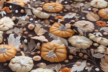 3D Kahverengi Zemin Kabak ve Çiçek Desenli Dijital Baskı Polyester Kumaş – Sonbahar Temalı