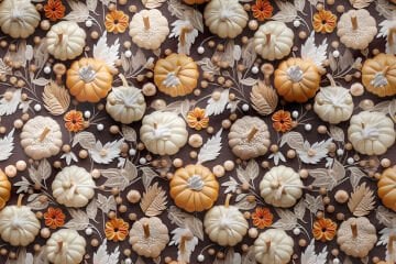 3D Kahverengi Zemin Kabak ve Çiçek Desenli Dijital Baskı Polyester Kumaş – Sonbahar Temalı