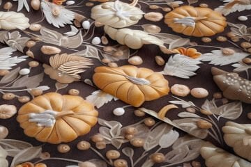 3D Kahverengi Zemin Kabak ve Çiçek Desenli Dijital Baskı Polyester Kumaş – Sonbahar Temalı