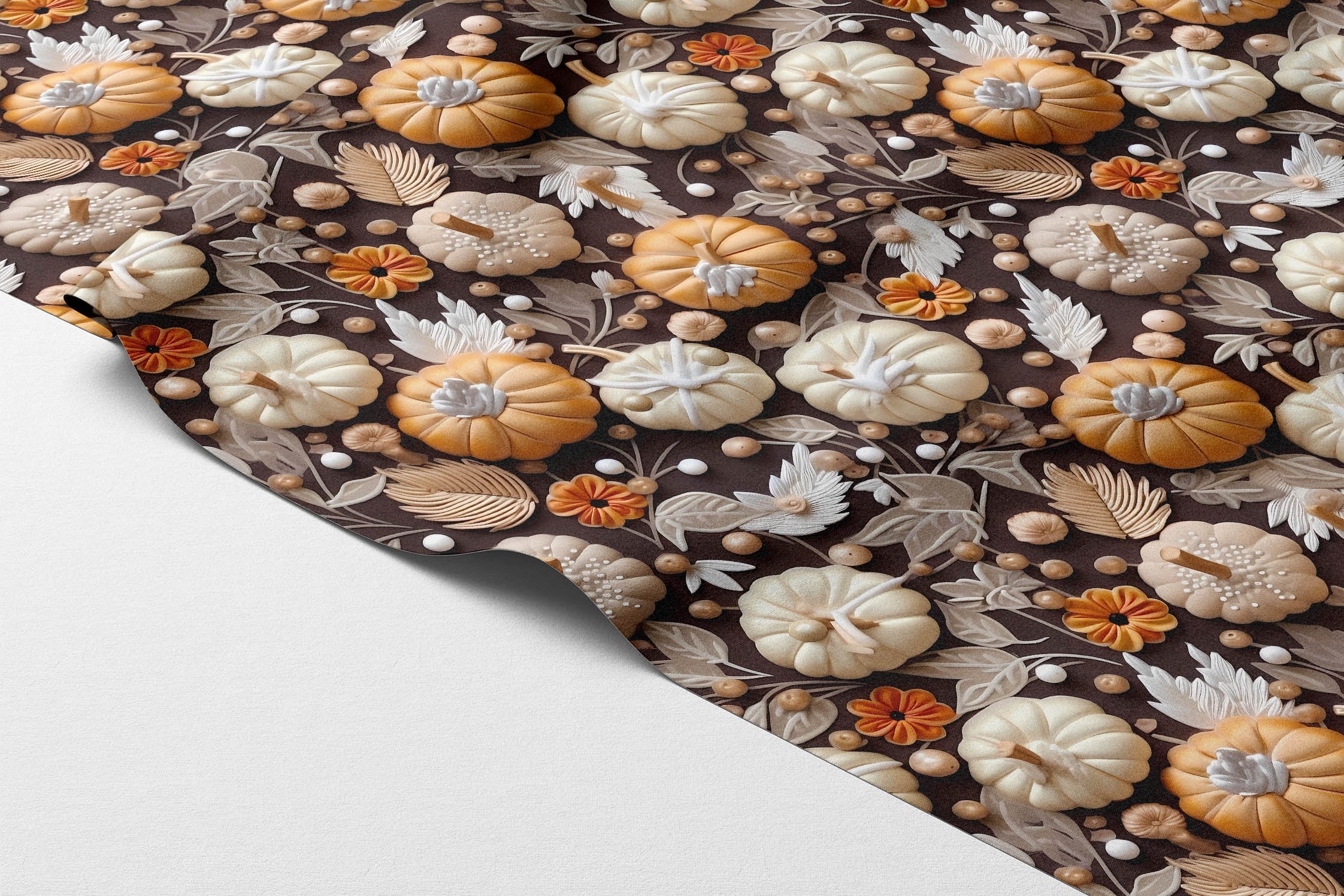 3D Kahverengi Zemin Kabak ve Çiçek Desenli Dijital Baskı Polyester Kumaş – Sonbahar Temalı