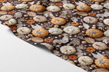 3D Kahverengi Zemin Kabak ve Çiçek Desenli Dijital Baskı Polyester Kumaş – Sonbahar Temalı