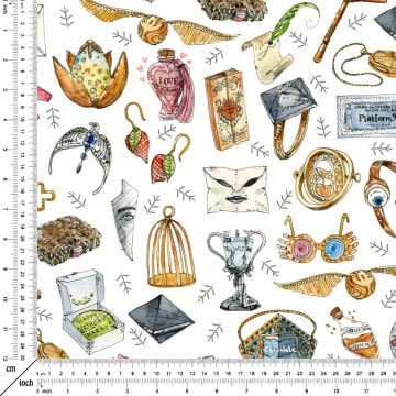 Büyücülük Okulu ve Sihirli Objeler Desenli Dijital Baskılı Kumaş
