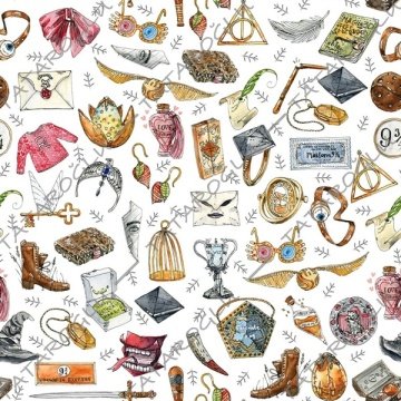 Büyücülük Okulu ve Sihirli Objeler Desenli Dijital Baskılı Kumaş