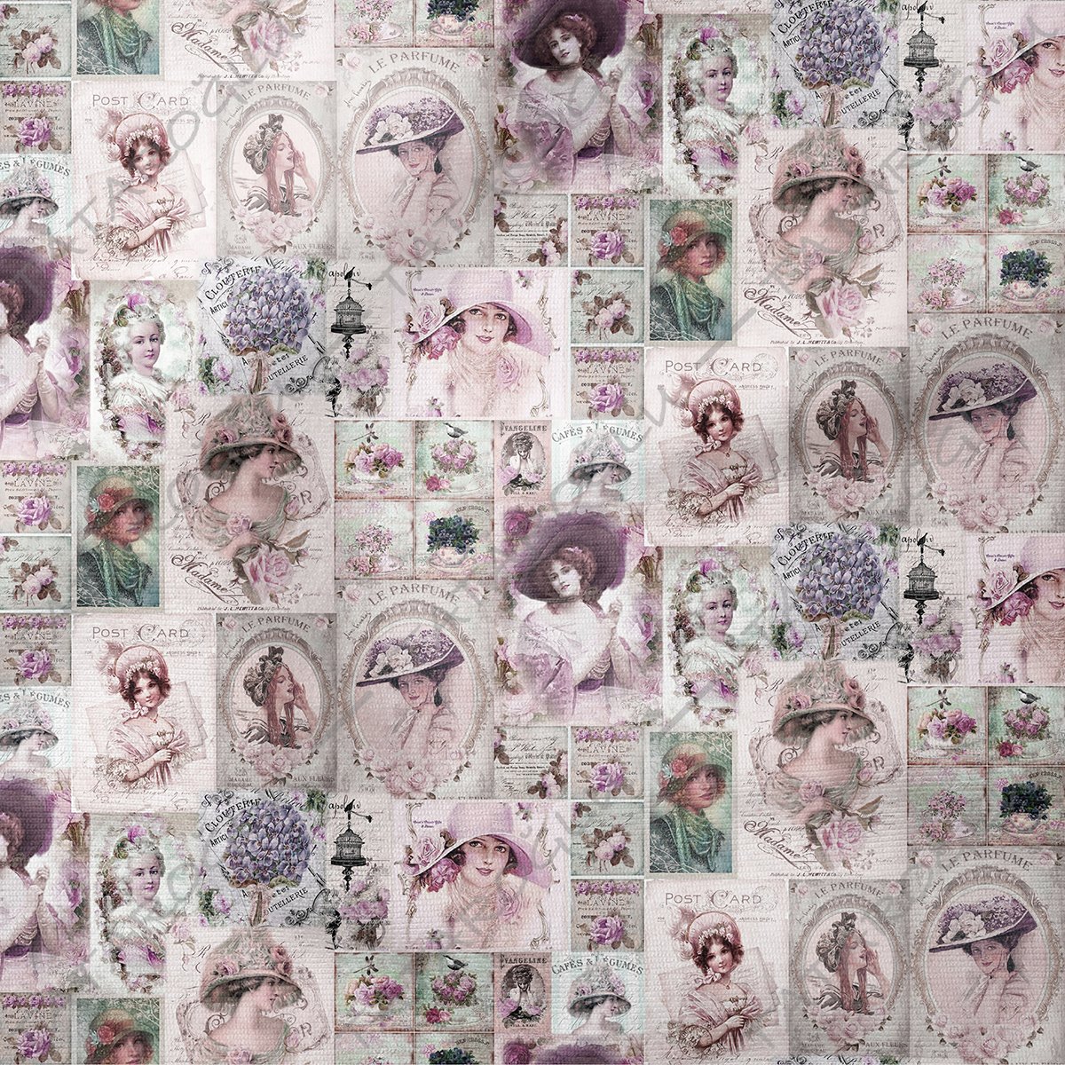 Soft Çiçekli Vintage Fransız Kadınları Desenli Dijital Baskılı Kumaş(SONBAHAR İNDİRİMİ)