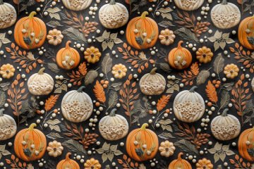 3D Balkabağı ve Yapraklar Desenli Dijital Baskılı Kumaş – Siyah Zemin