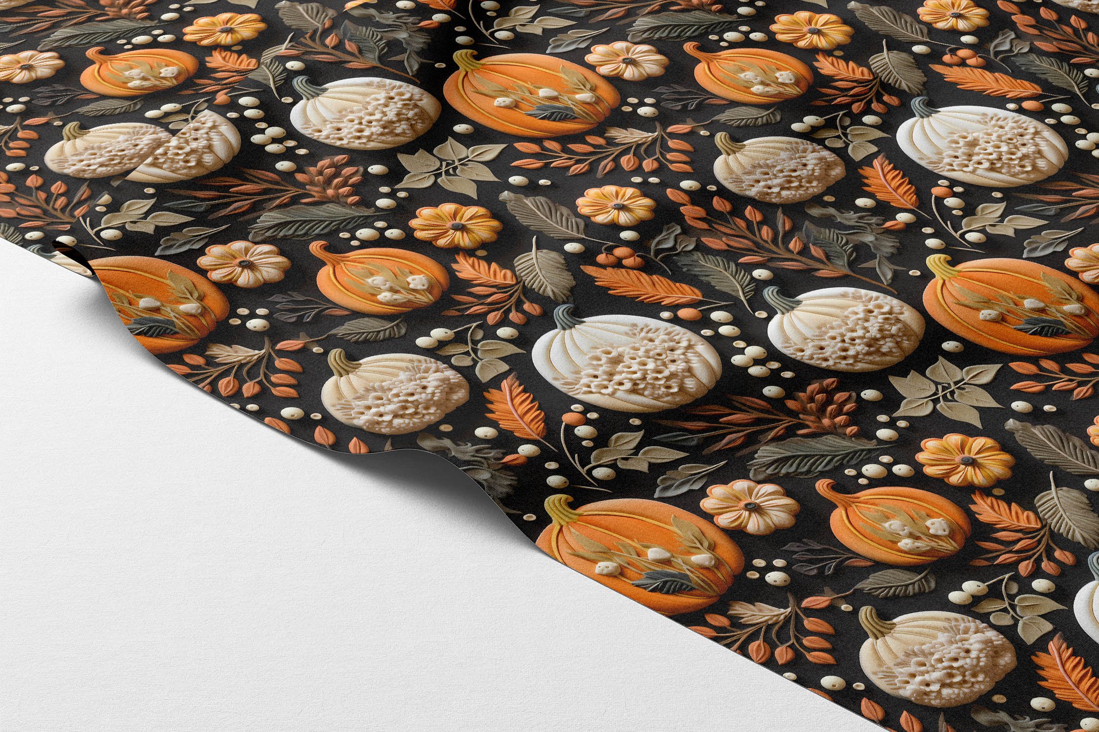 3D Balkabağı ve Yapraklar Desenli Dijital Baskılı Kumaş – Siyah Zemin