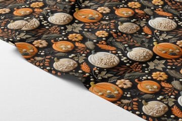 3D Balkabağı ve Yapraklar Desenli Dijital Baskılı Kumaş – Siyah Zemin