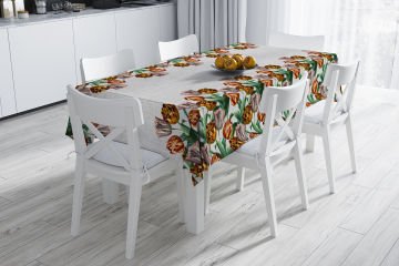 Malabar Koleksiyonu - Keten Efektli Laleli Masa Örtüsü Dikişsiz