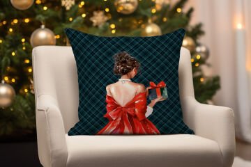 Yılbaşı Koleksiyonu- Ekose Desenli Kırmızı Kurdeleli Kadın ve Hediye Tasarımı 2'li Dikilmemiş Kırlent Paneli