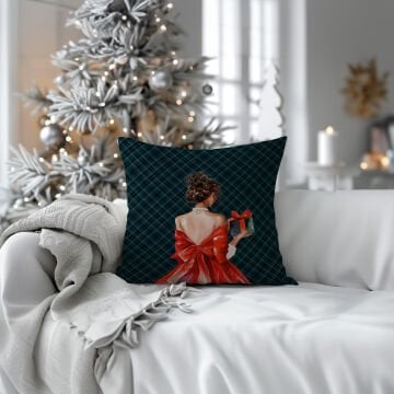 Yılbaşı Koleksiyonu- Ekose Desenli Kırmızı Kurdeleli Kadın ve Hediye Tasarımı 2'li Dikilmemiş Kırlent Paneli