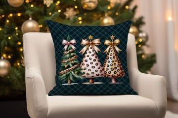 Yılbaşı Koleksiyonu- 45x45 cm Dikilmemiş 2’li Kırlent Paneli – Ekose Zeminli Leopar Desenli Yılbaşı Ağaçları Tasarımı