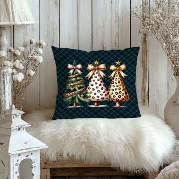 Yılbaşı Koleksiyonu- 45x45 cm Dikilmemiş 2’li Kırlent Paneli – Ekose Zeminli Leopar Desenli Yılbaşı Ağaçları Tasarımı