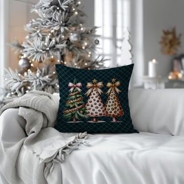 Yılbaşı Koleksiyonu- 45x45 cm Dikilmemiş 2’li Kırlent Paneli – Ekose Zeminli Leopar Desenli Yılbaşı Ağaçları Tasarımı