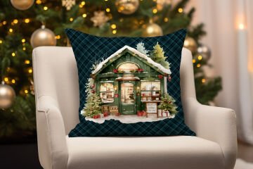 Yılbaşı Koleksiyonu- 45x45 cm Dikilmemiş 2’li Kırlent Paneli – Ekose Zeminli Yılbaşı Dükkanı ve Çam Ağacı Tasarımı