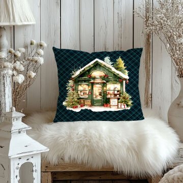 Yılbaşı Koleksiyonu- 45x45 cm Dikilmemiş 2’li Kırlent Paneli – Ekose Zeminli Yılbaşı Dükkanı ve Çam Ağacı Tasarımı