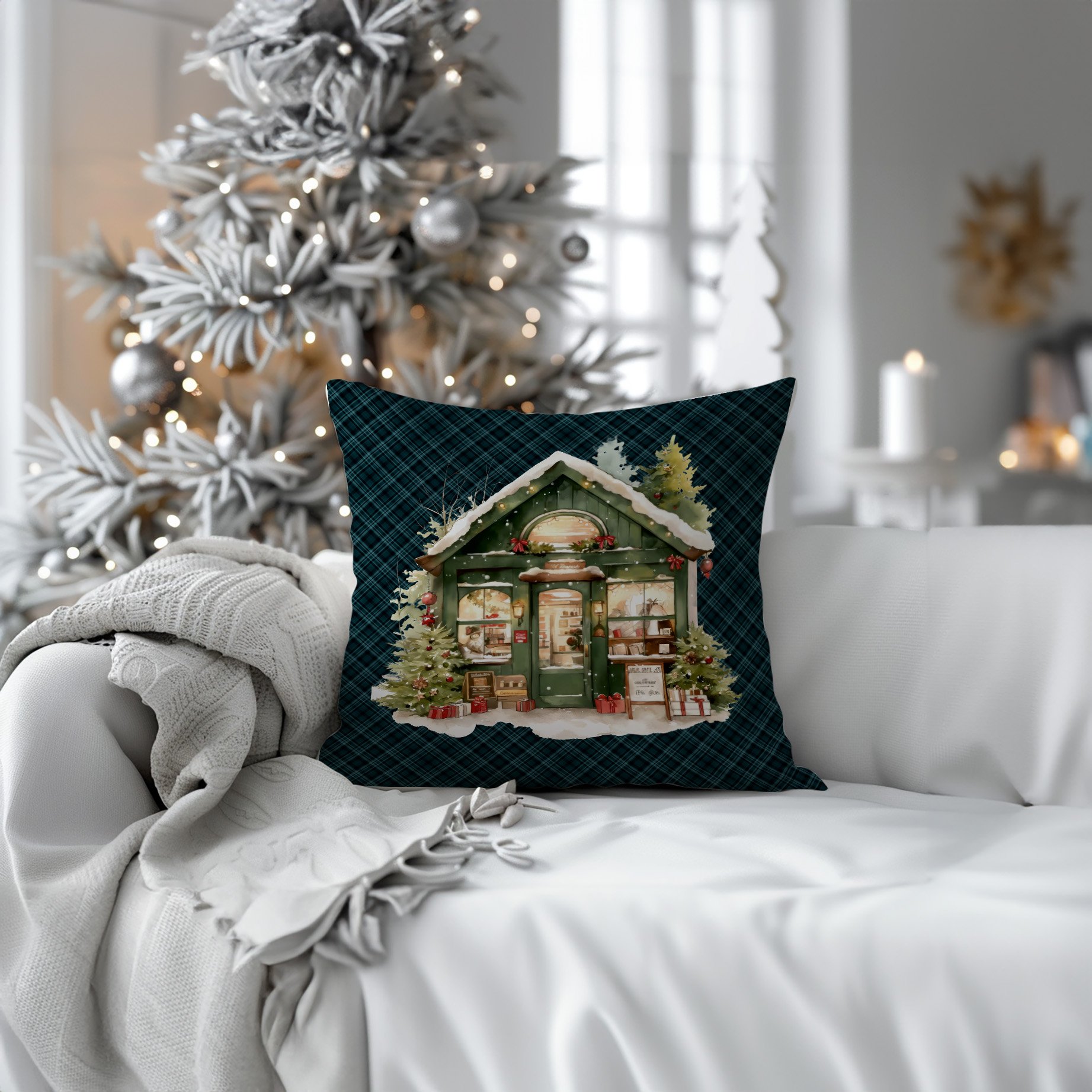 Yılbaşı Koleksiyonu- 45x45 cm Dikilmemiş 2’li Kırlent Paneli – Ekose Zeminli Yılbaşı Dükkanı ve Çam Ağacı Tasarımı