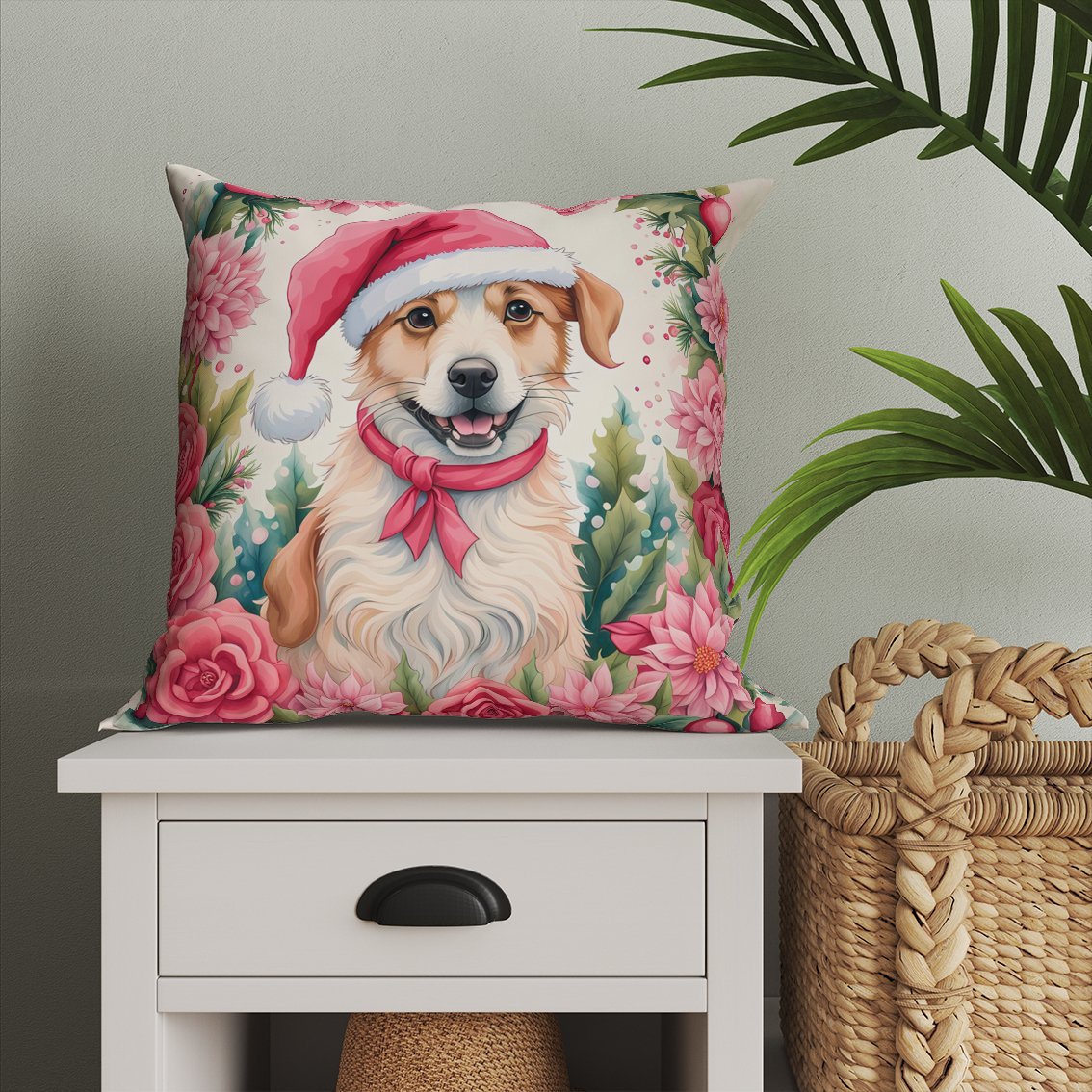 Yılbaşı Koleksiyonu- Christmas Dog Çiçekler İçinde Yılbaşı Kostümlü Köpek 2'li Kumaş Kırlent Paneli Dikilmemiş