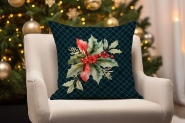 Yılbaşı Koleksiyonu- 45x45 cm Dikilmemiş 2’li Kırlent Paneli – Ekose Zeminli Yılbaşı Çiçeği Kokina