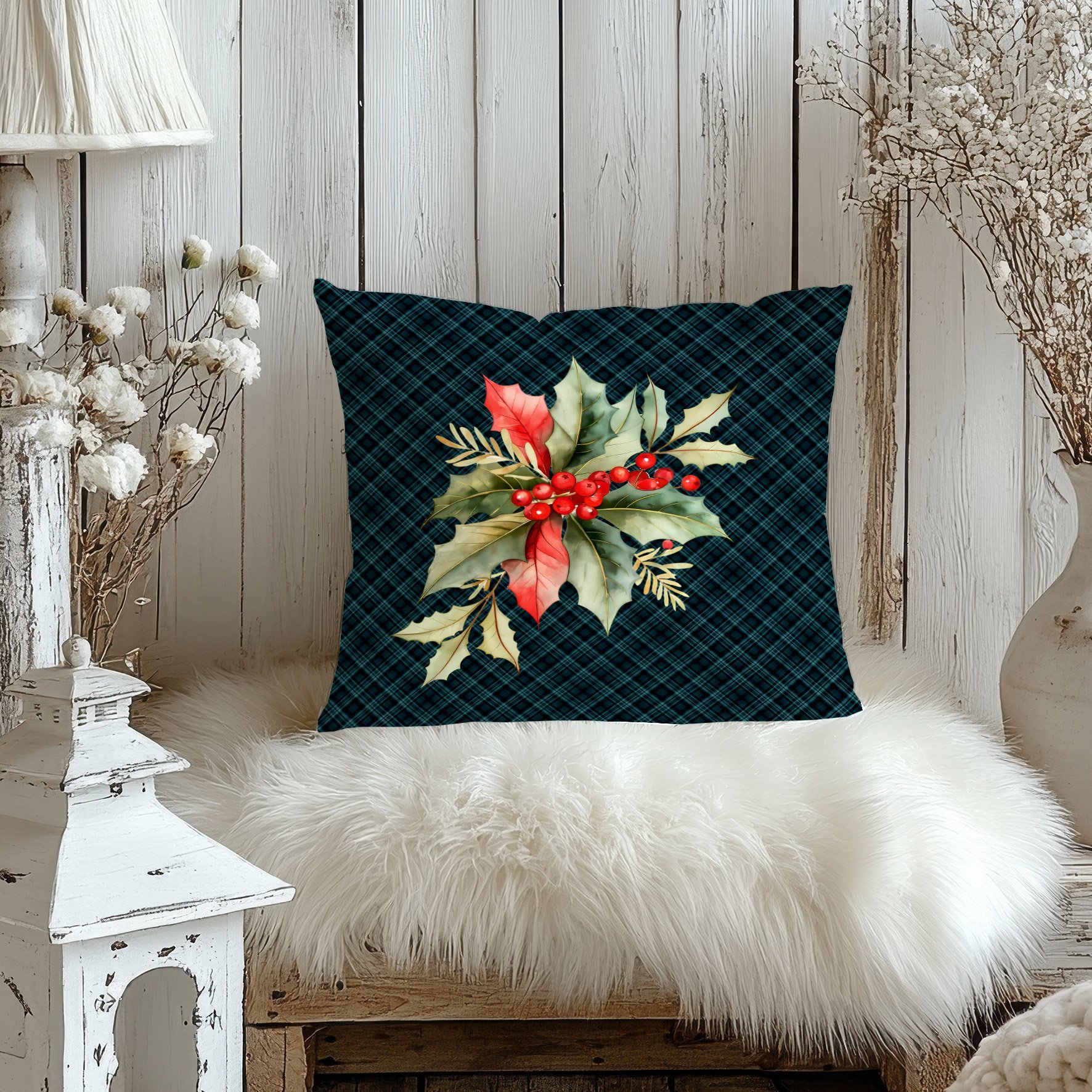 Yılbaşı Koleksiyonu- 45x45 cm Dikilmemiş 2’li Kırlent Paneli – Ekose Zeminli Yılbaşı Çiçeği Kokina