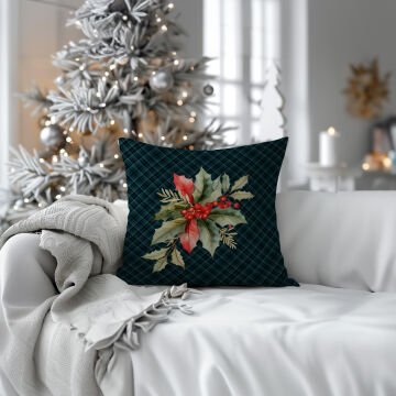 Yılbaşı Koleksiyonu- 45x45 cm Dikilmemiş 2’li Kırlent Paneli – Ekose Zeminli Yılbaşı Çiçeği Kokina