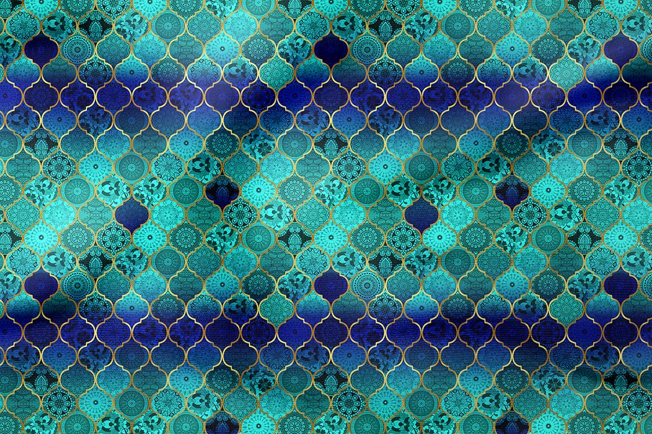 Turkuaz ve Lacivert Tonlu Moroccan Desenli Kumaş