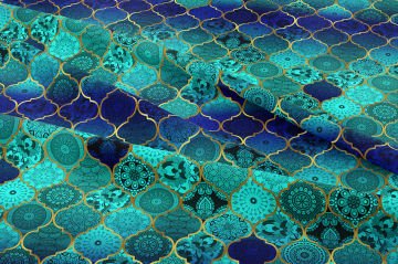 Turkuaz ve Lacivert Tonlu Moroccan Desenli Kumaş