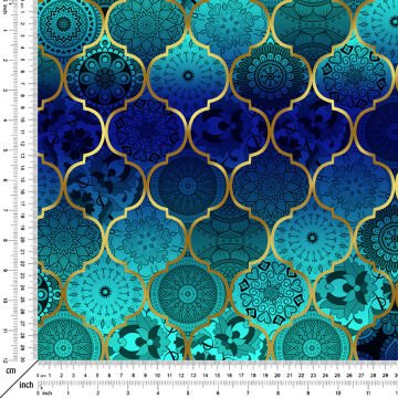 Turkuaz ve Lacivert Tonlu Moroccan Desenli Kumaş