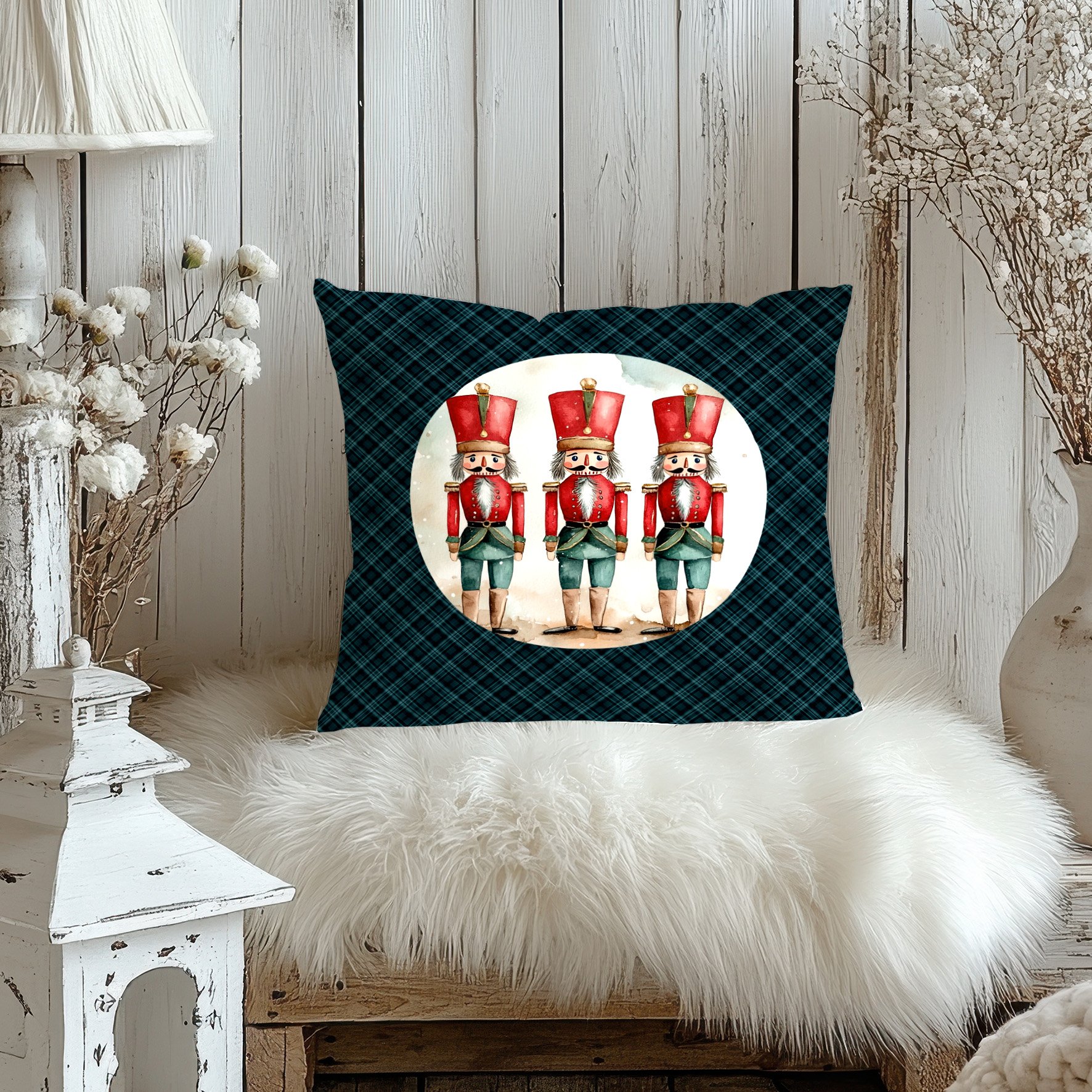 Yılbaşı Koleksiyonu- 45x45 cm Dikilmemiş 2’li Kırlent Paneli – Ekose Zeminli Yılbaşı Kurşun Askerler