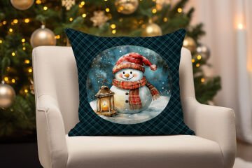 Yılbaşı Koleksiyonu- 45x45 cm Dikilmemiş 2’li Kırlent Paneli – Ekose Zeminli Yılbaşı Kardan Adamlar