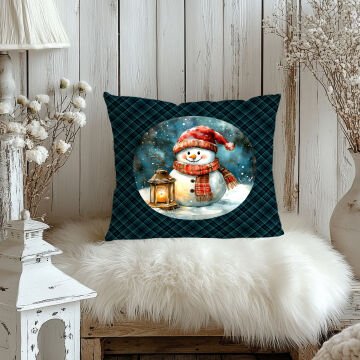 Yılbaşı Koleksiyonu- 45x45 cm Dikilmemiş 2’li Kırlent Paneli – Ekose Zeminli Yılbaşı Kardan Adamlar