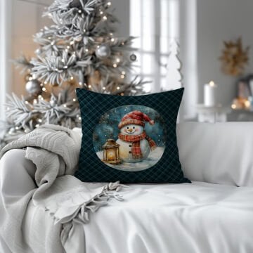 Yılbaşı Koleksiyonu- 45x45 cm Dikilmemiş 2’li Kırlent Paneli – Ekose Zeminli Yılbaşı Kardan Adamlar