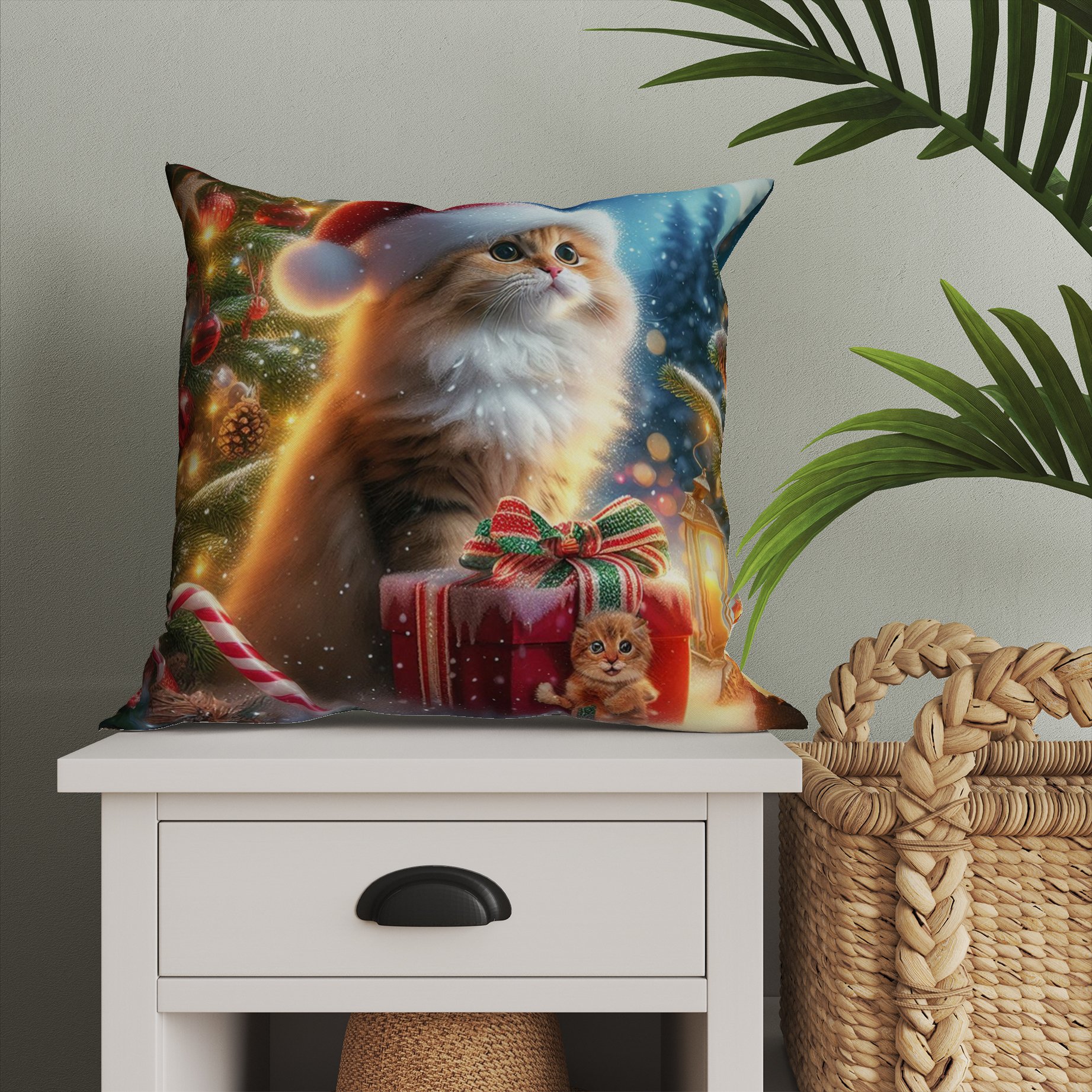 Yılbaşı Koleksiyonu- Christmas Cat Yılbaşı Kostümlü Kediler 2'li Kumaş Kırlent Paneli Dikilmemiş