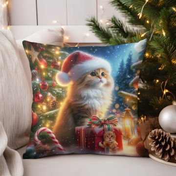 Yılbaşı Koleksiyonu- Christmas Cat Yılbaşı Kostümlü Kediler 2'li Kumaş Kırlent Paneli Dikilmemiş