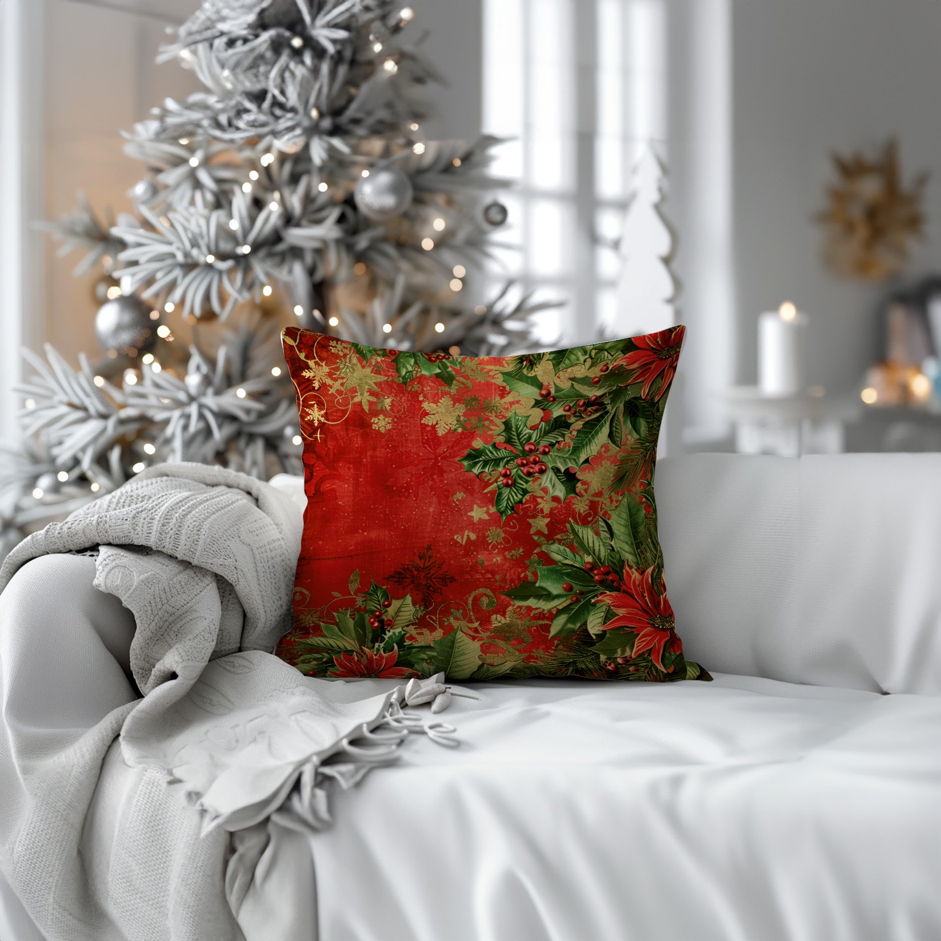 Yılbaşı Koleksiyonu- 45x45 cm Dikilmemiş 2’li Kırlent Paneli –Kokina Çiçekleri