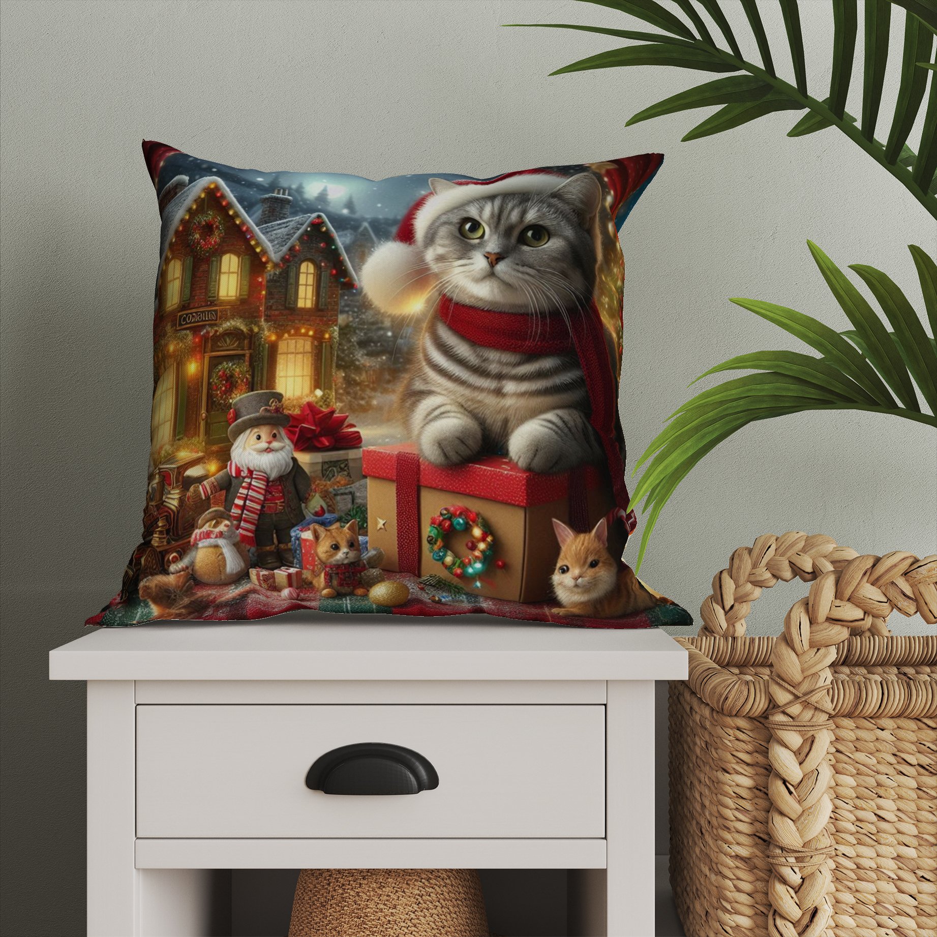 Yılbaşı Koleksiyonu- Christmas Cat Yılbaşı Kostümlü Kediler 2'li Kumaş Kırlent Paneli Dikilmemiş