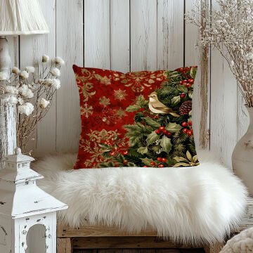 Yılbaşı Koleksiyonu- 45x45 cm Dikilmemiş 2’li Kırlent Paneli –Kokina Çiçekleri ve Kuş