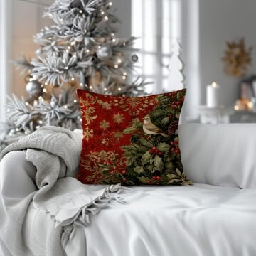 Yılbaşı Koleksiyonu- 45x45 cm Dikilmemiş 2’li Kırlent Paneli –Kokina Çiçekleri ve Kuş