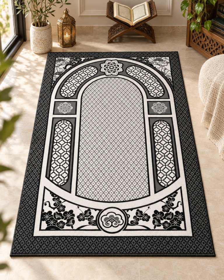 Siyah Beyaz Seccade Paneli – Geometrik Mihrap Desenli 130x82 cm